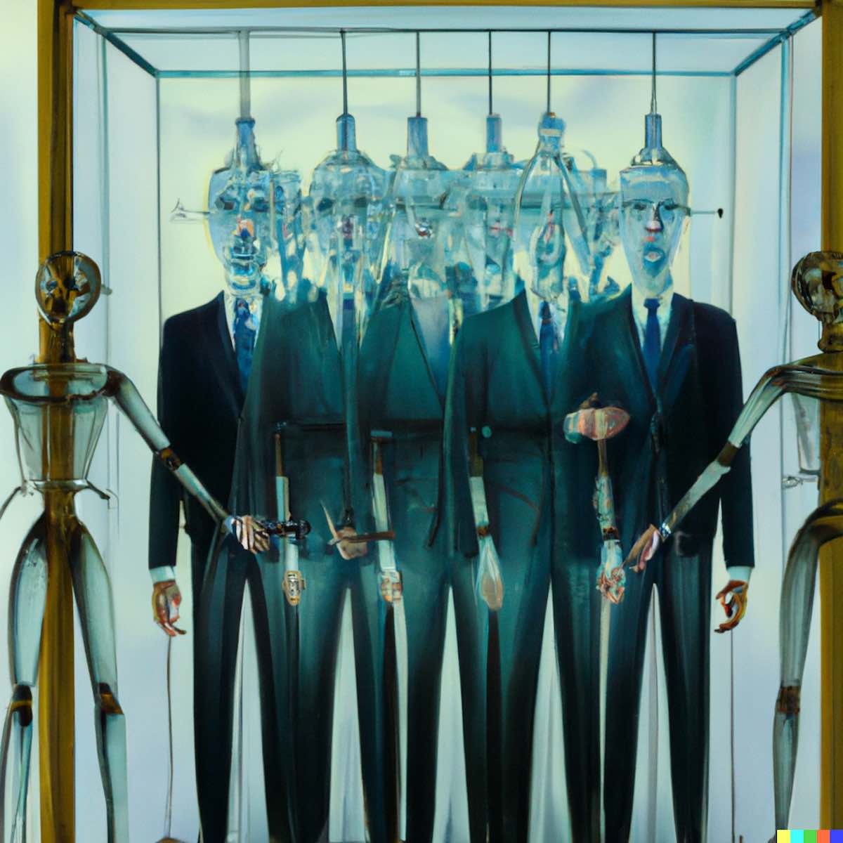 "A group of humans behind a transparent glass surrounded by police robots" by Salvador Dali
