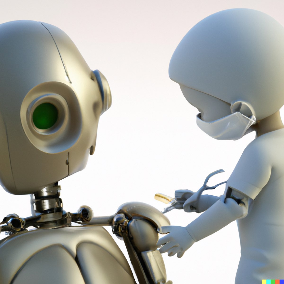 "3D render of a droid helping doctor in a heart surgery"
