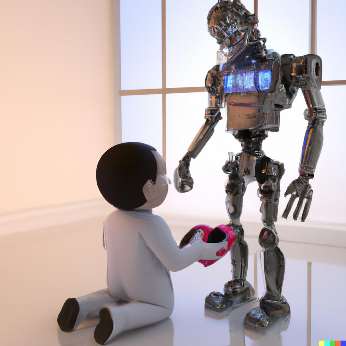 "3D render of a droid helping doctor in a heart surgery"
