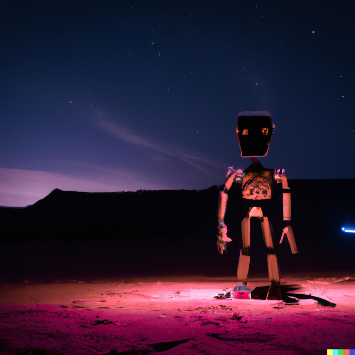 "Photo of a silhouette of a robot in a color lit desert at night learning constellation stars"
