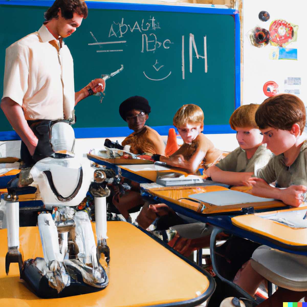 "A group of baby Droids in a mathematics high school class paying attention to their human
teacher."
